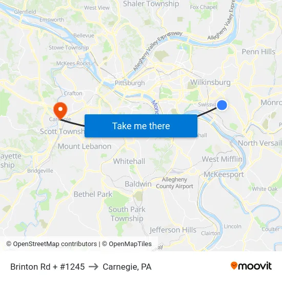 Brinton Rd + #1245 to Carnegie, PA map