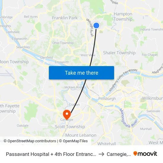 Passavant Hospital + 4th Floor Entrance Bldg T to Carnegie, PA map