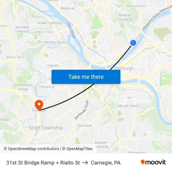 31st St Bridge Ramp + Rialto St to Carnegie, PA map
