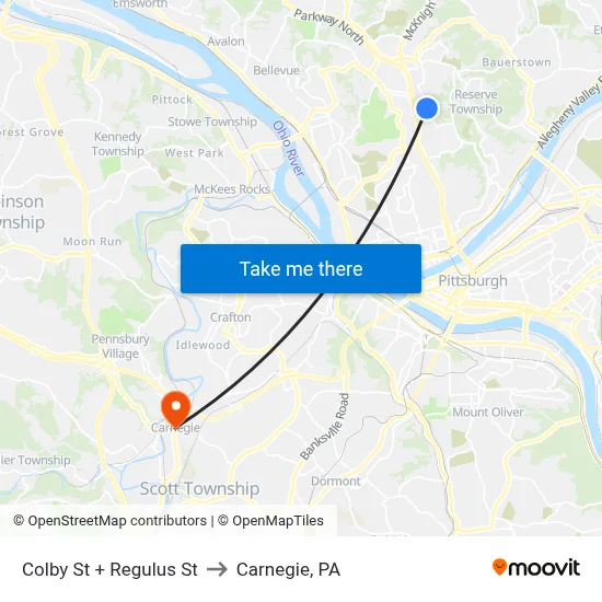 Colby St + Regulus St to Carnegie, PA map