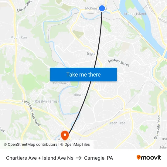 Chartiers Ave + Island Ave Ns to Carnegie, PA map