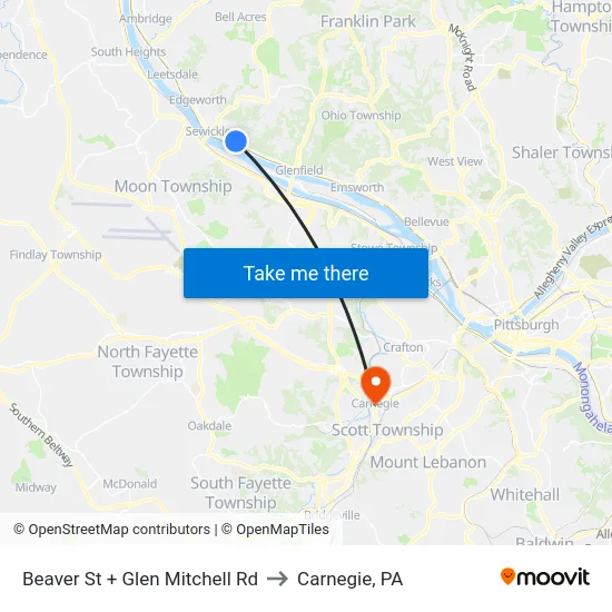 Beaver St + Glen Mitchell Rd to Carnegie, PA map