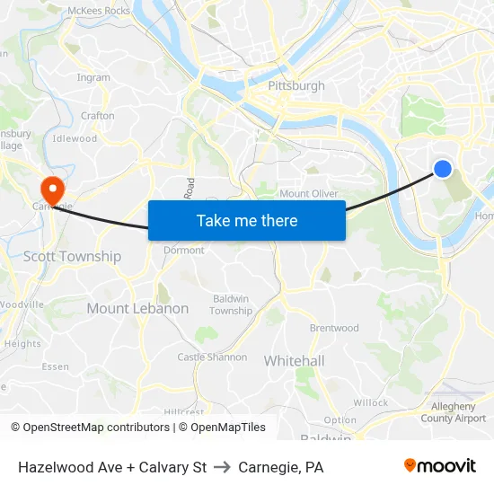 Hazelwood Ave + Calvary St to Carnegie, PA map