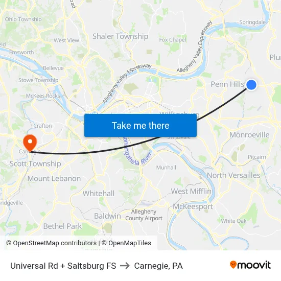 Universal Rd + Saltsburg FS to Carnegie, PA map
