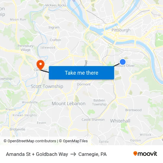 Amanda St + Goldbach Way to Carnegie, PA map