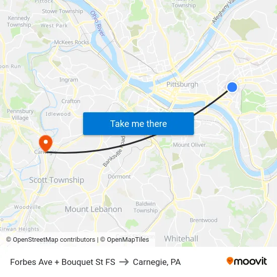 Forbes Ave + Bouquet St FS to Carnegie, PA map