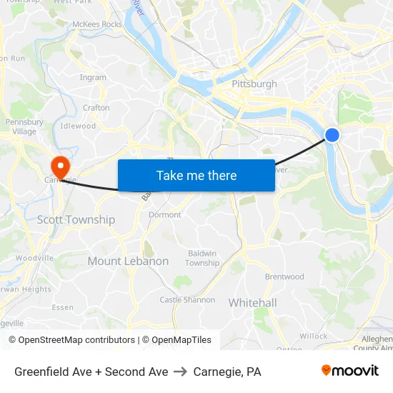 Greenfield Ave + Second Ave to Carnegie, PA map