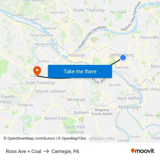 Ross Ave + Coal to Carnegie, PA map