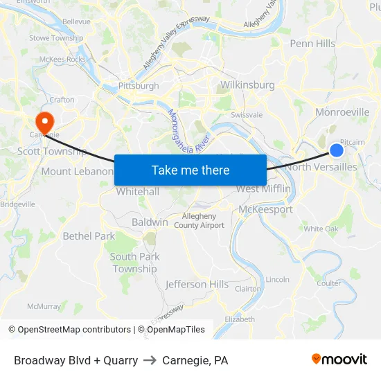 Broadway Blvd + Quarry to Carnegie, PA map