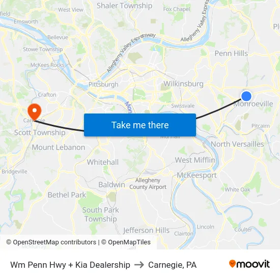 Wm Penn Hwy + Kia Dealership to Carnegie, PA map