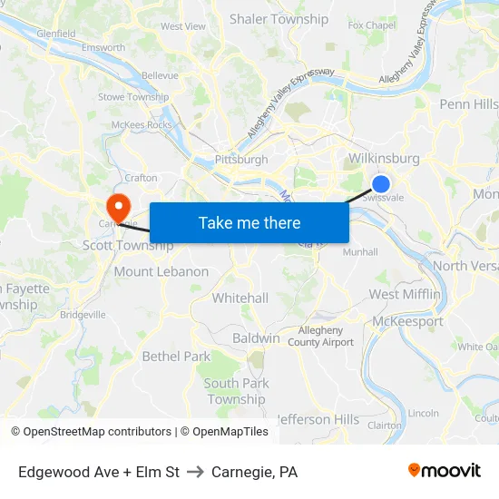 Edgewood Ave + Elm St to Carnegie, PA map