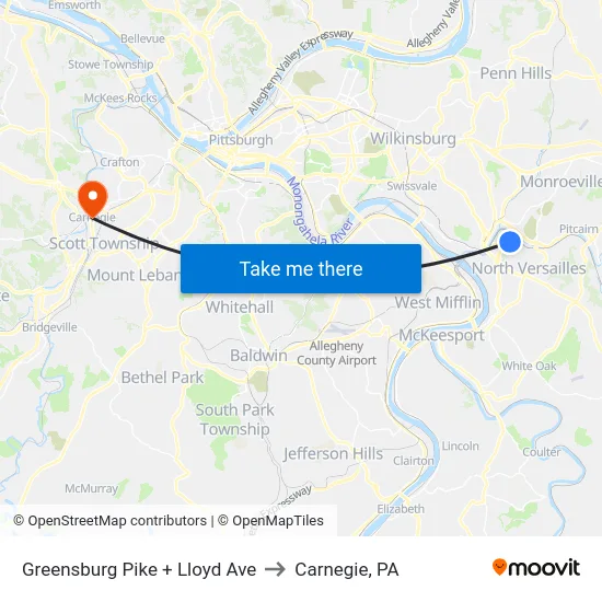 Greensburg Pike + Lloyd Ave to Carnegie, PA map