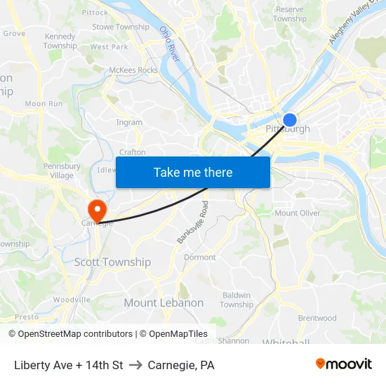 Liberty Ave + 14th St to Carnegie, PA map