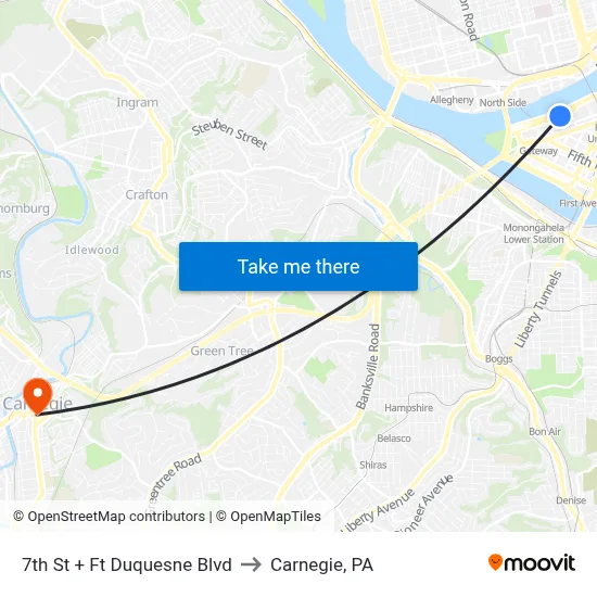 7th St + Ft Duquesne Blvd to Carnegie, PA map