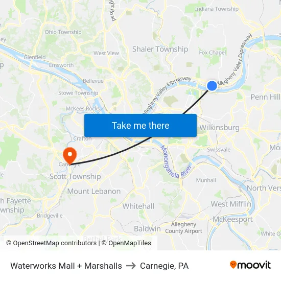 Waterworks Mall + Marshalls to Carnegie, PA map