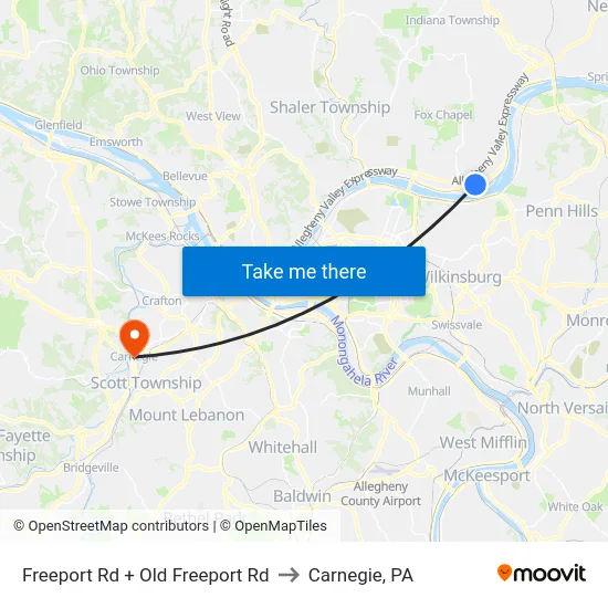 Freeport Rd + Old Freeport Rd to Carnegie, PA map