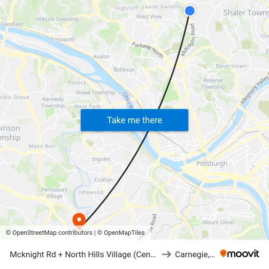 Mcknight Rd + North Hills Village (Center Ent) to Carnegie, PA map