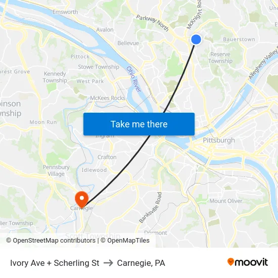 Ivory Ave + Scherling St to Carnegie, PA map
