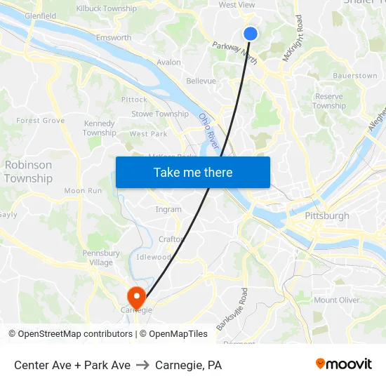 Center Ave + Park Ave to Carnegie, PA map