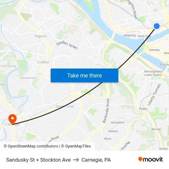 Sandusky St + Stockton Ave to Carnegie, PA map