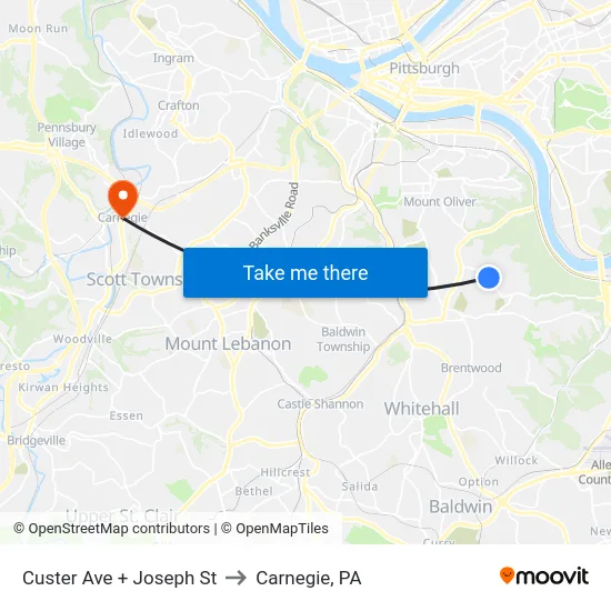 Custer Ave + Joseph St to Carnegie, PA map