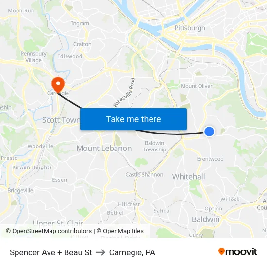 Spencer Ave + Beau St to Carnegie, PA map