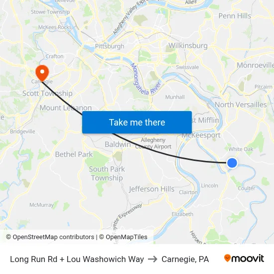 Long Run Rd + Lou Washowich Way to Carnegie, PA map