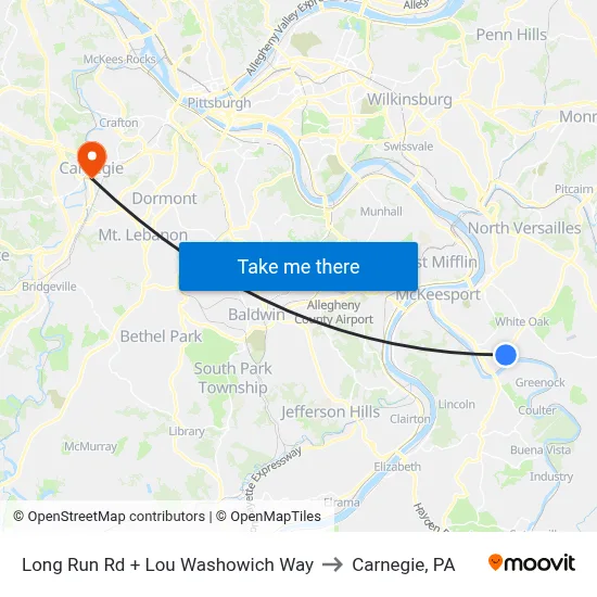 Long Run Rd + Lou Washowich Way to Carnegie, PA map