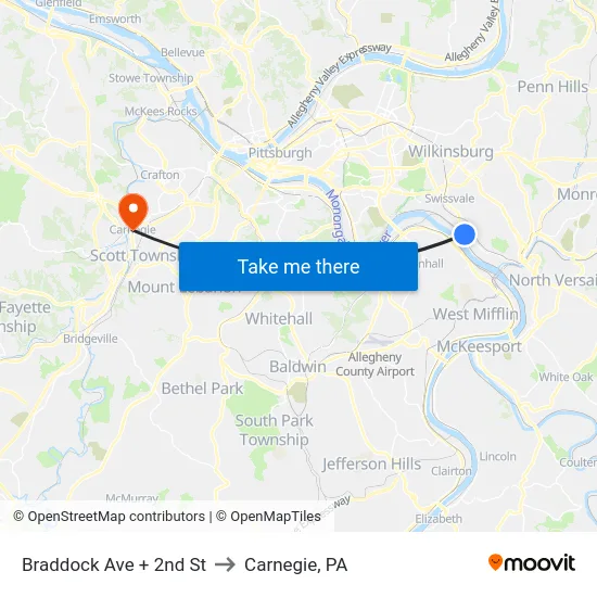 Braddock Ave + 2nd St to Carnegie, PA map