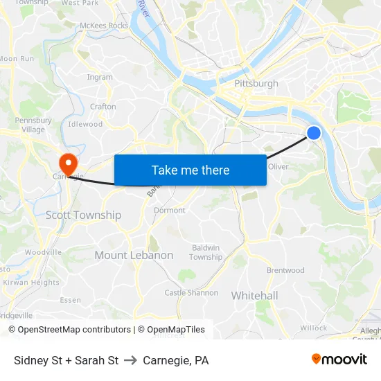 Sidney St + Sarah St to Carnegie, PA map