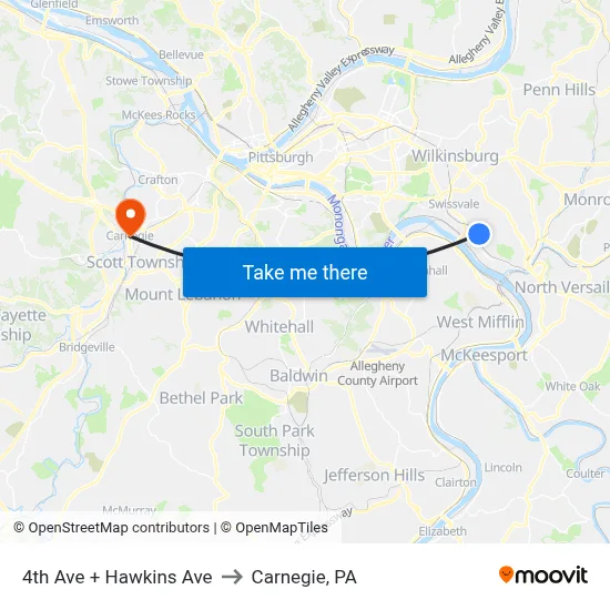4th Ave + Hawkins Ave to Carnegie, PA map