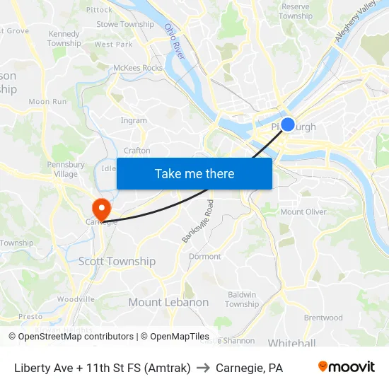 Liberty Ave + 11th St FS (Amtrak) to Carnegie, PA map