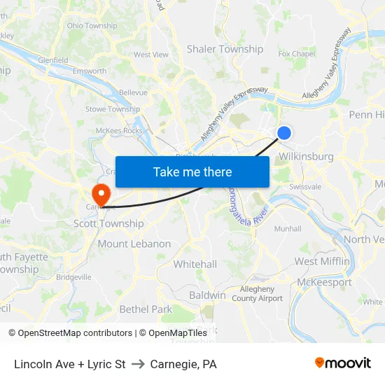 Lincoln Ave + Lyric St to Carnegie, PA map