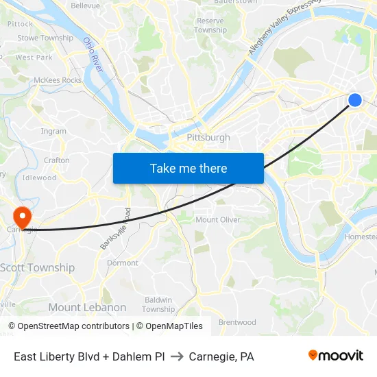 East Liberty Blvd + Dahlem Pl to Carnegie, PA map