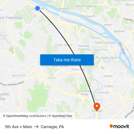5th Ave + Main to Carnegie, PA map