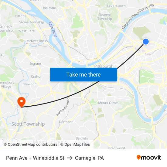 Penn Ave + Winebiddle St to Carnegie, PA map