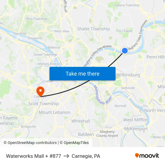 Waterworks Mall + #877 to Carnegie, PA map