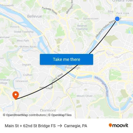 Main St + 62nd St Bridge FS to Carnegie, PA map