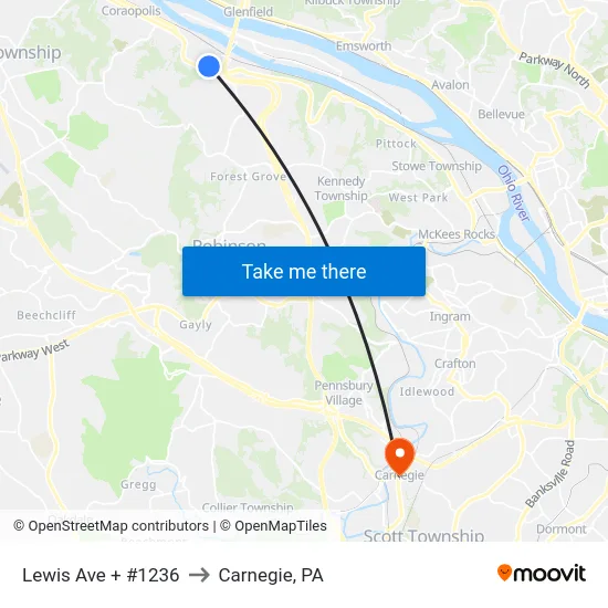 Lewis Ave + #1236 to Carnegie, PA map