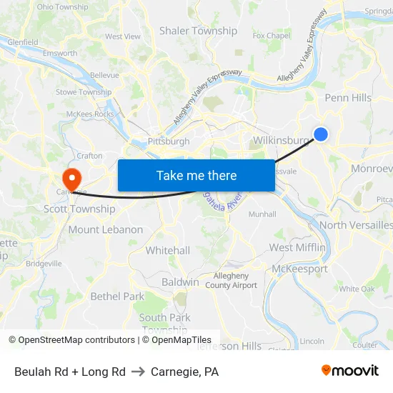 Beulah Rd + Long Rd to Carnegie, PA map