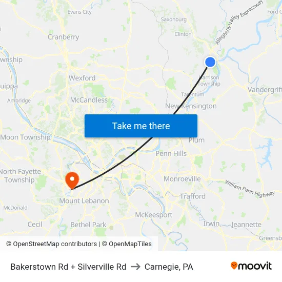Bakerstown Rd + Silverville Rd to Carnegie, PA map