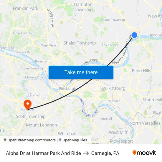 Alpha Dr at Harmar Park And Ride to Carnegie, PA map