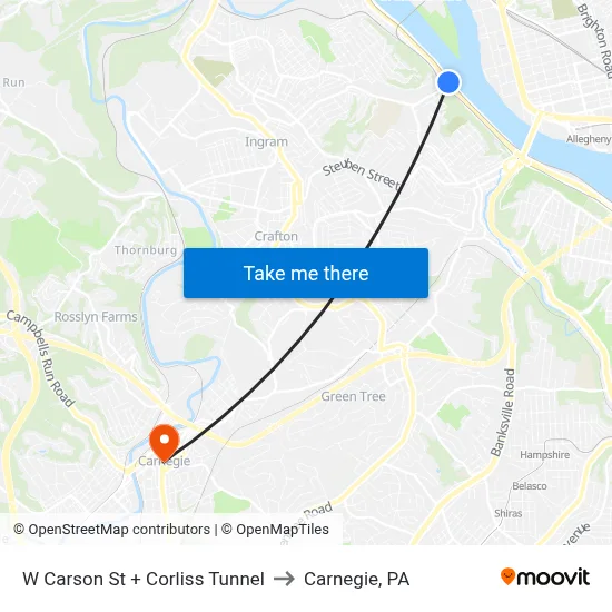 W Carson St + Corliss Tunnel to Carnegie, PA map