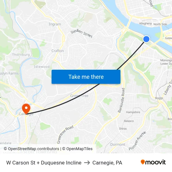W Carson St + Duquesne Incline to Carnegie, PA map