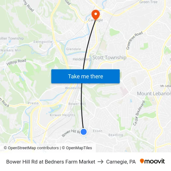 Bower Hill Rd at Bedners Farm Market to Carnegie, PA map