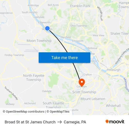 Broad St at St James Church to Carnegie, PA map