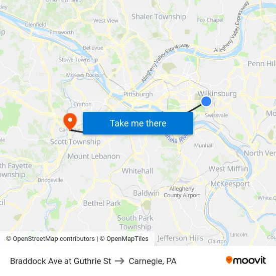 Braddock Ave at Guthrie St to Carnegie, PA map