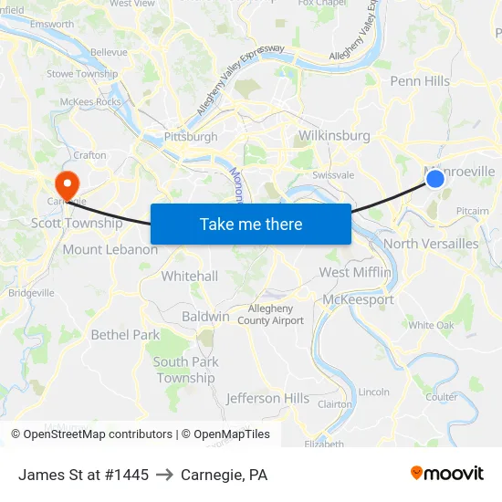 James St at #1445 to Carnegie, PA map
