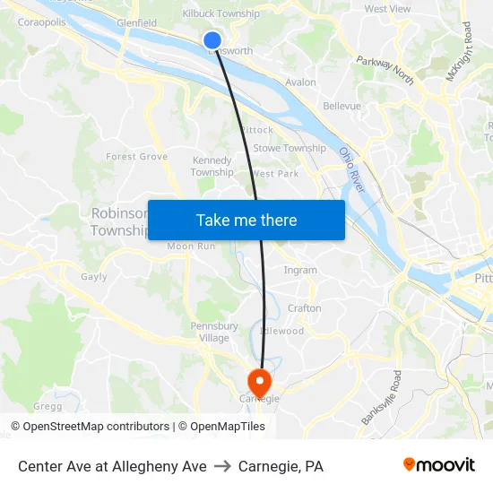 Center Ave at Allegheny Ave to Carnegie, PA map