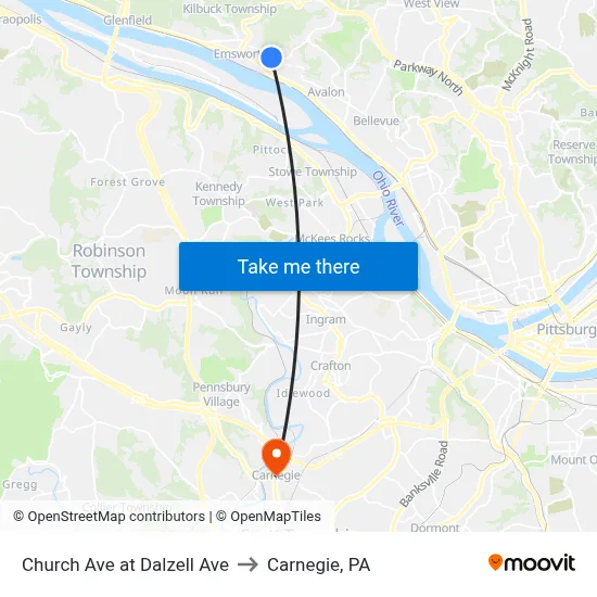 Church Ave at Dalzell Ave to Carnegie, PA map